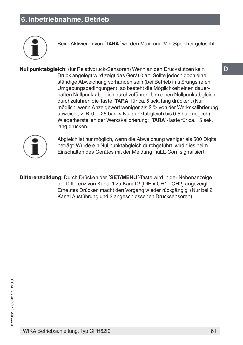 Inbetriebnahme, betrieb | WIKA CPH62I0 User Manual | Page 61 / 160