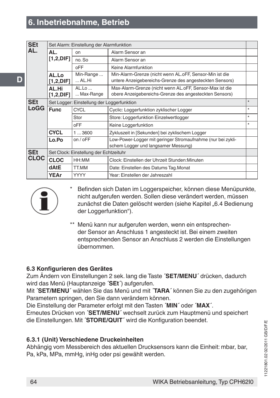 Inbetriebnahme, betrieb | WIKA CPH62I0 User Manual | Page 64 / 160