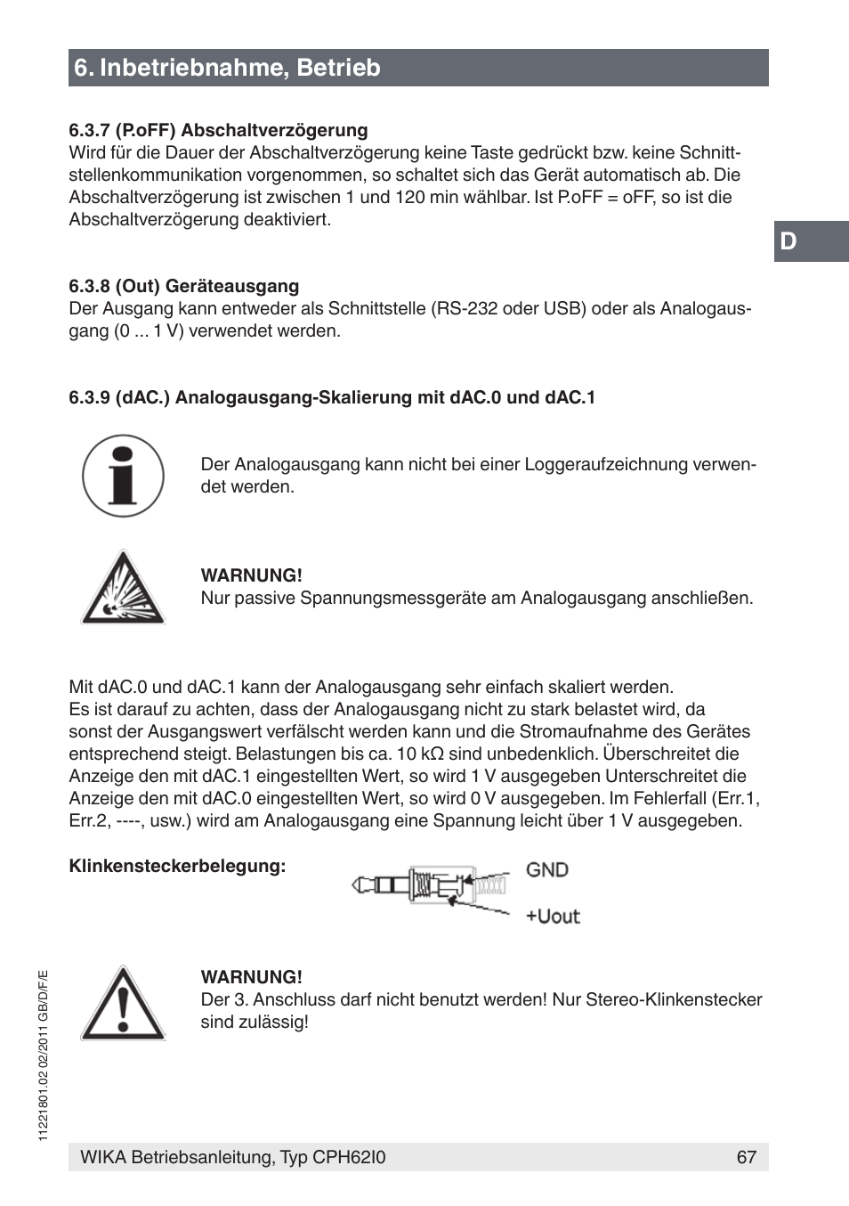 Inbetriebnahme, betrieb | WIKA CPH62I0 User Manual | Page 67 / 160