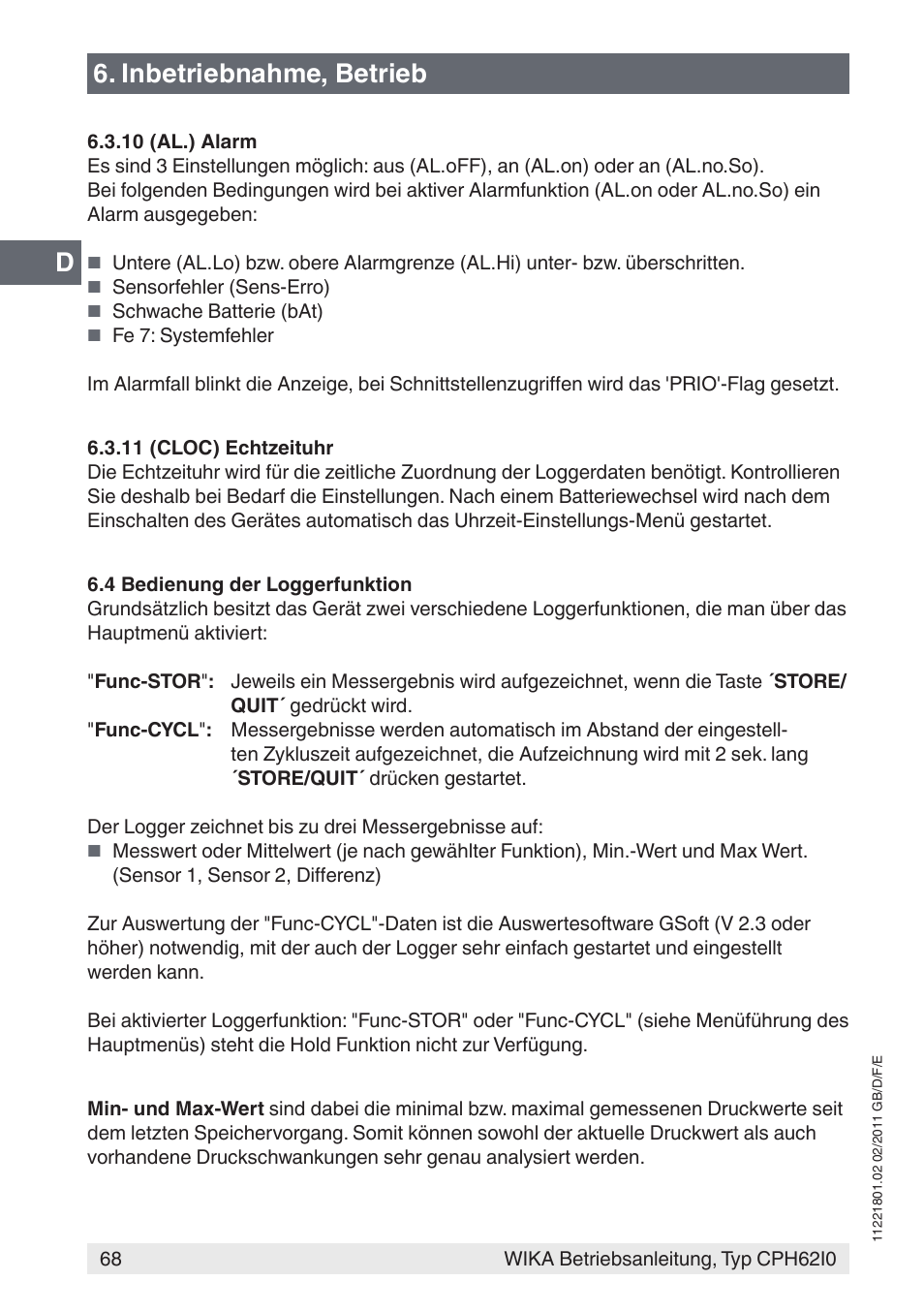 Inbetriebnahme, betrieb | WIKA CPH62I0 User Manual | Page 68 / 160