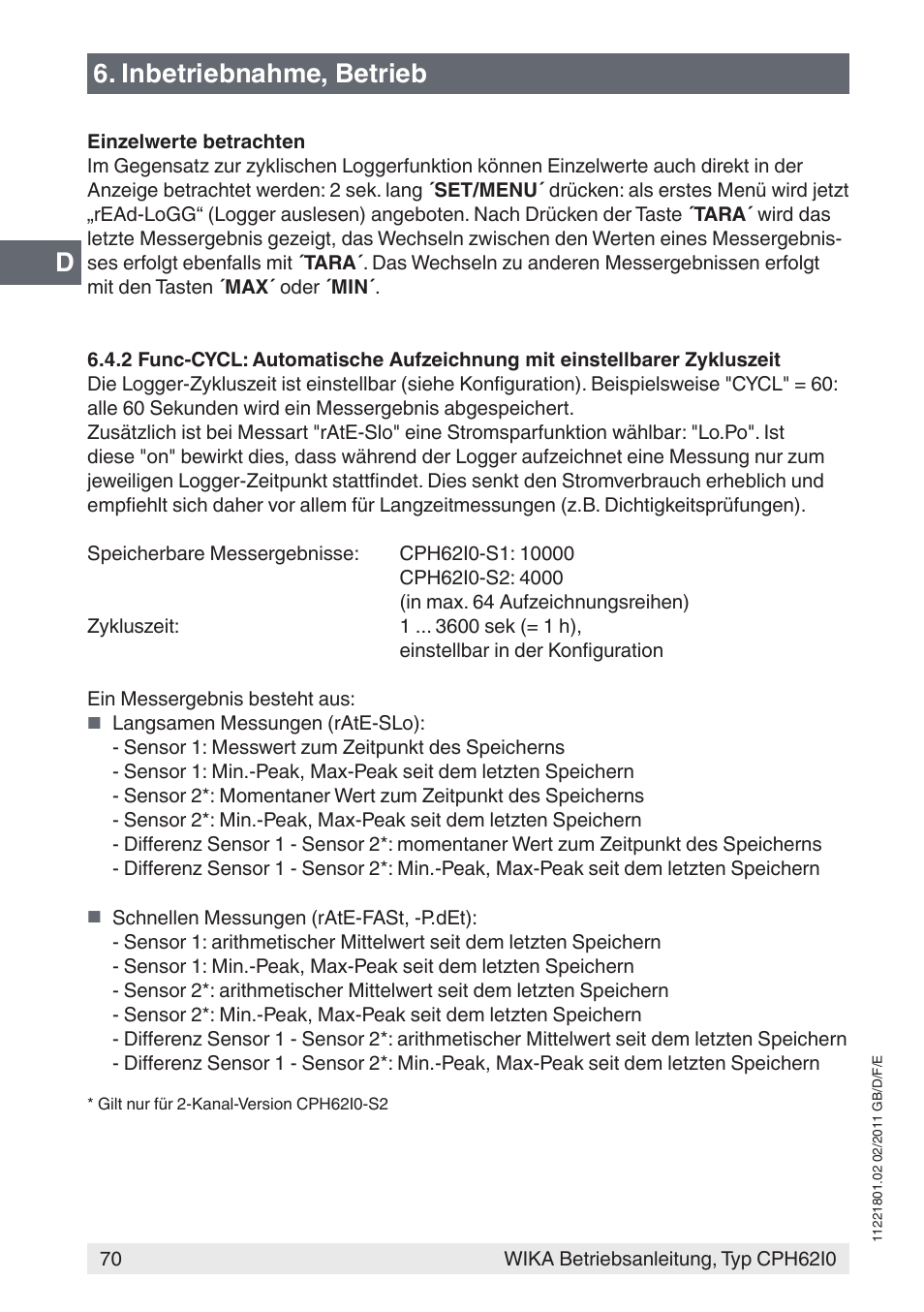 Inbetriebnahme, betrieb | WIKA CPH62I0 User Manual | Page 70 / 160