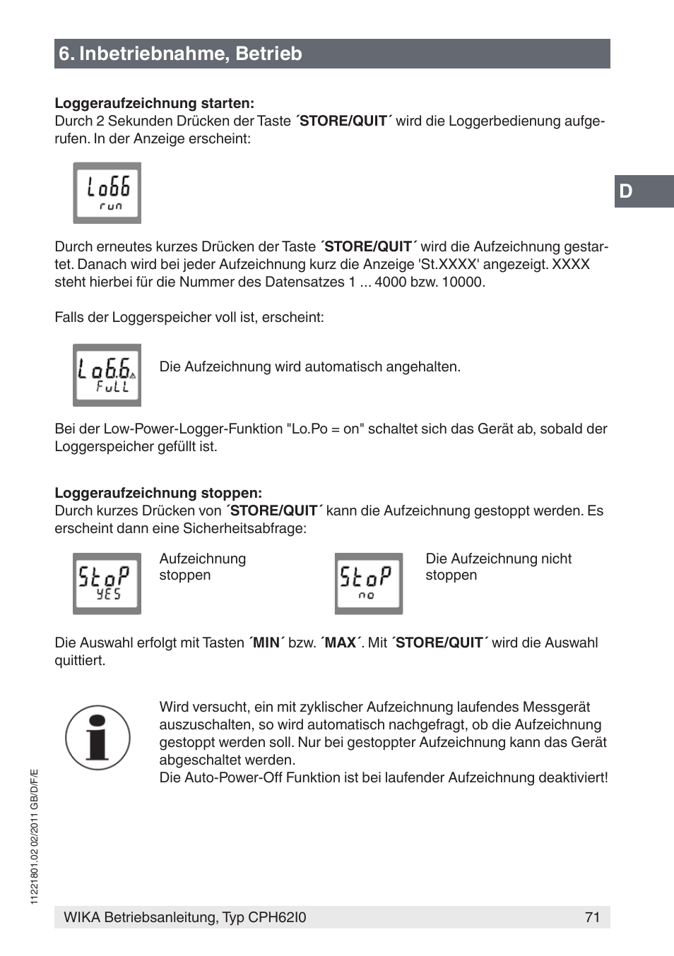 Inbetriebnahme, betrieb | WIKA CPH62I0 User Manual | Page 71 / 160