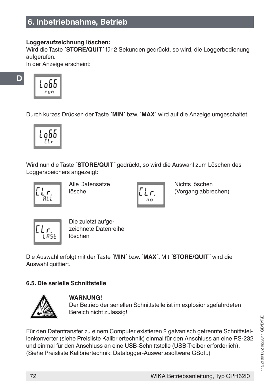 Inbetriebnahme, betrieb | WIKA CPH62I0 User Manual | Page 72 / 160