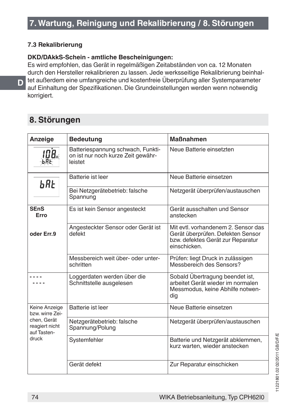 Störungen | WIKA CPH62I0 User Manual | Page 74 / 160