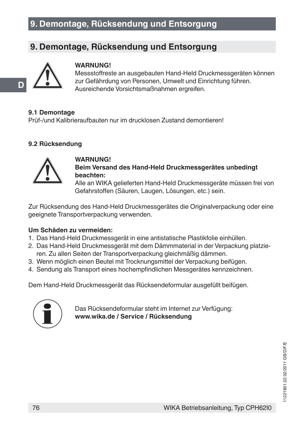 Demontage, rücksendung und entsorgung | WIKA CPH62I0 User Manual | Page 76 / 160