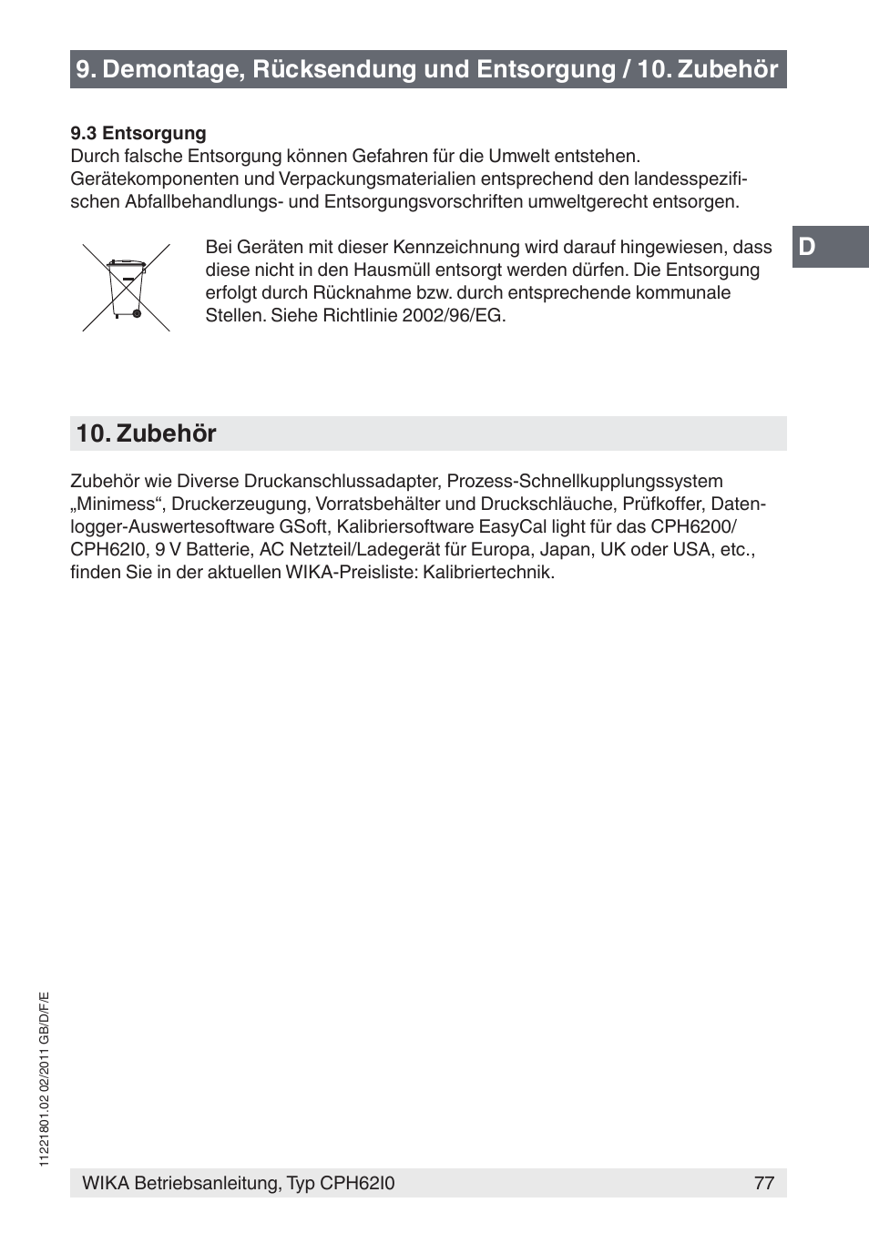 Zubehör | WIKA CPH62I0 User Manual | Page 77 / 160