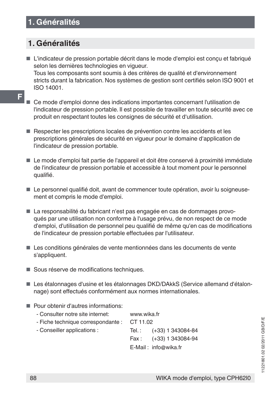 Généralités | WIKA CPH62I0 User Manual | Page 88 / 160