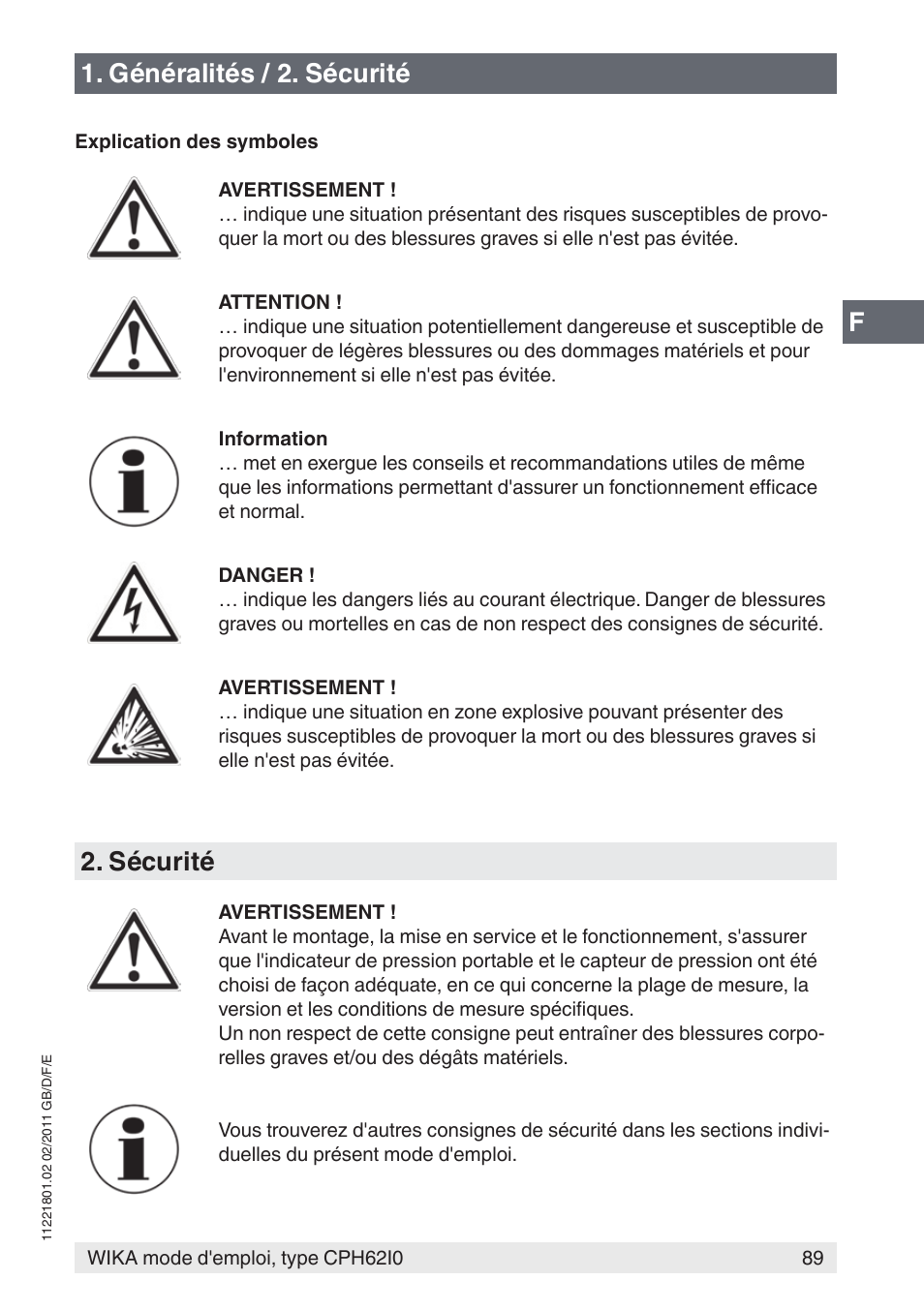 Généralités / 2. sécurité, Sécurité | WIKA CPH62I0 User Manual | Page 89 / 160