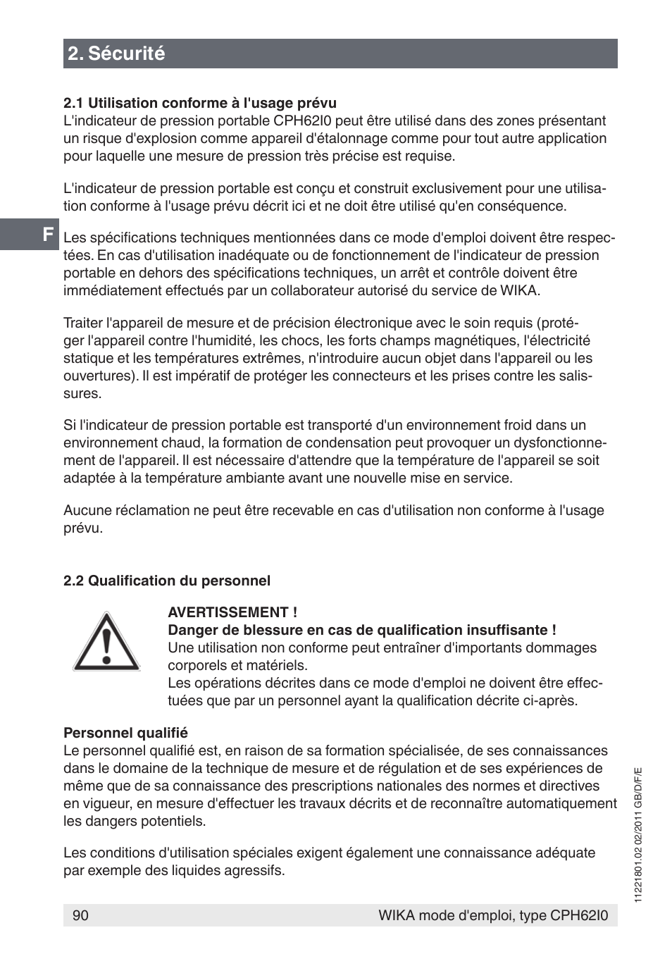 Sécurité | WIKA CPH62I0 User Manual | Page 90 / 160