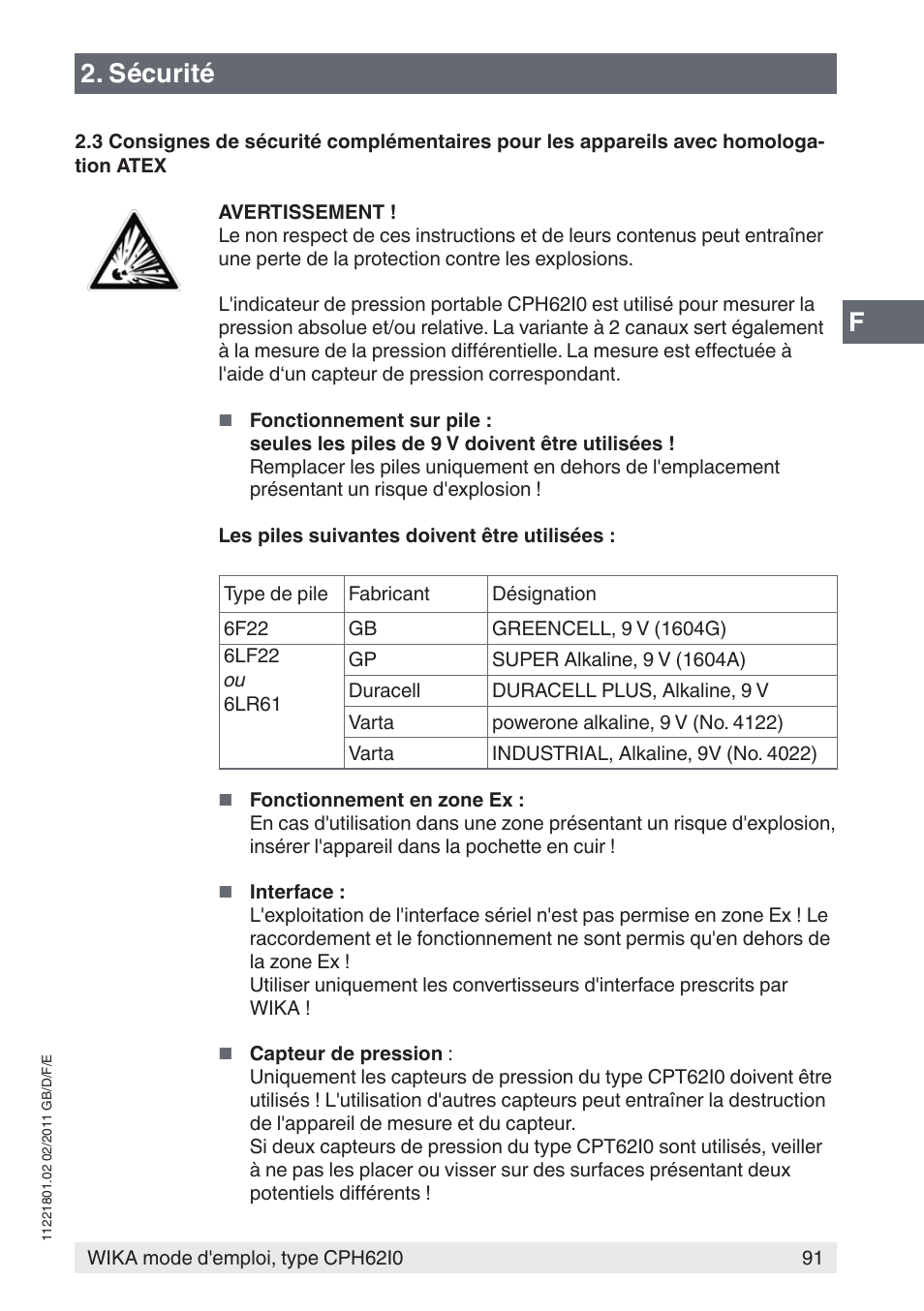 Sécurité | WIKA CPH62I0 User Manual | Page 91 / 160