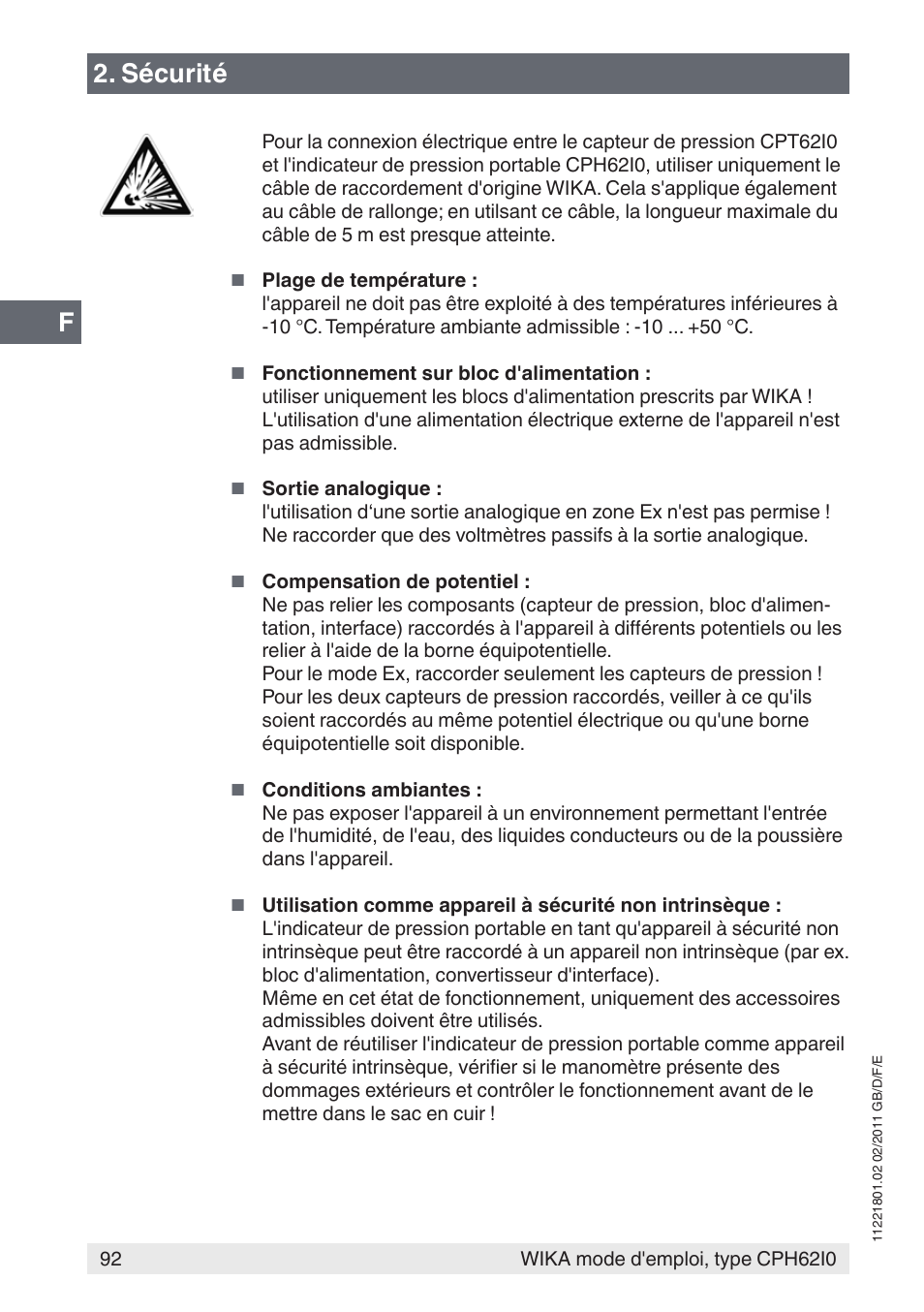 Sécurité | WIKA CPH62I0 User Manual | Page 92 / 160