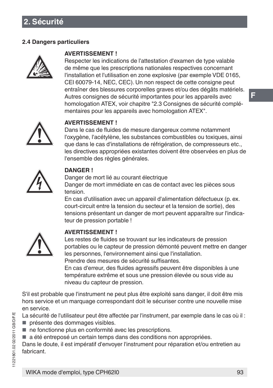 Sécurité | WIKA CPH62I0 User Manual | Page 93 / 160