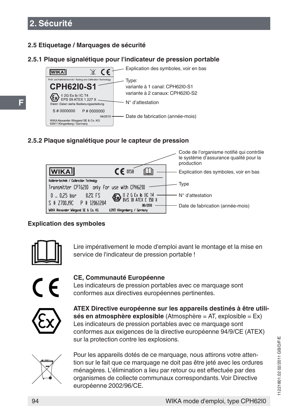 Sécurité | WIKA CPH62I0 User Manual | Page 94 / 160