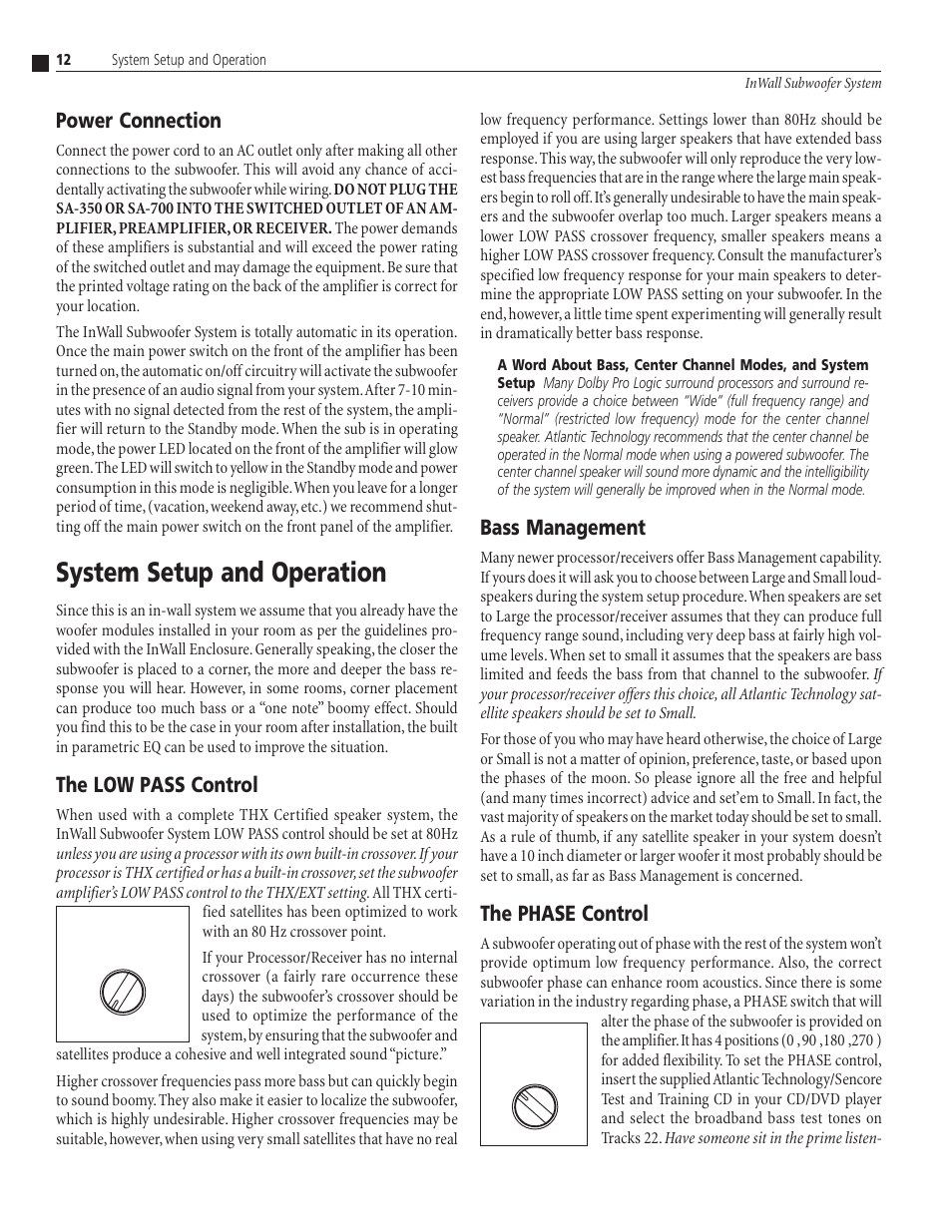 System setup and operation, Power connection, The low pass control | Bass management, The phase control | Atlantic Technology SA-350 User Manual | Page 12 / 16