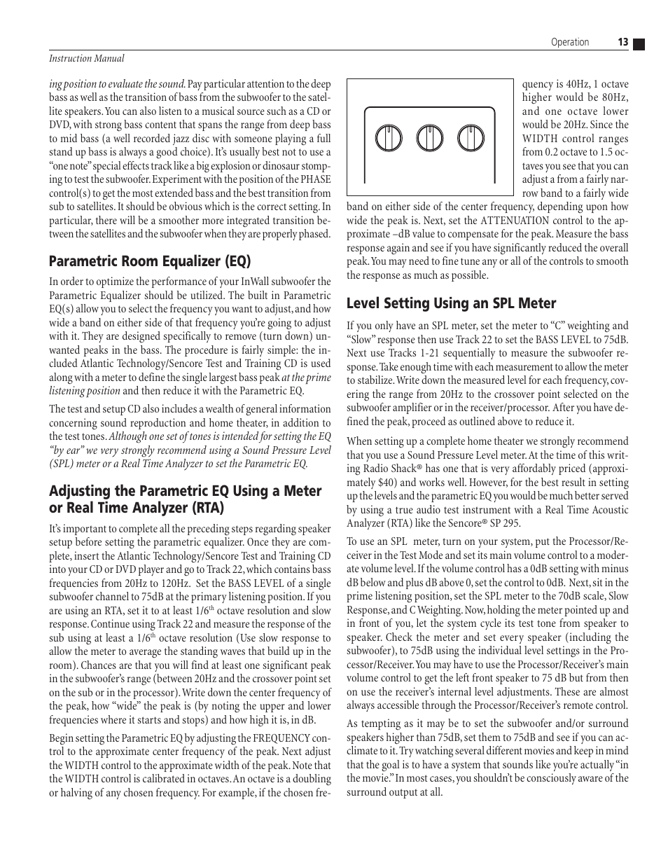 Parametric room equalizer (eq), Level setting using an spl meter | Atlantic Technology SA-350 User Manual | Page 13 / 16