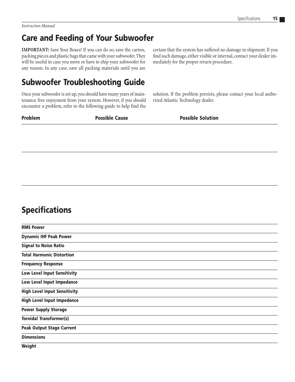 Specifications | Atlantic Technology SA-350 User Manual | Page 15 / 16