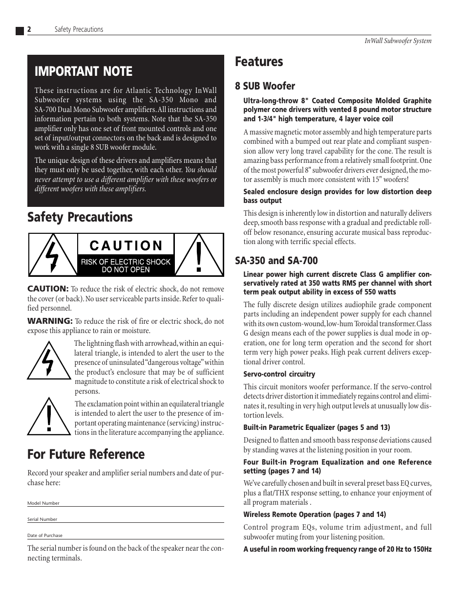 For future reference, Features, 8 sub woofer | Atlantic Technology SA-350 User Manual | Page 2 / 16