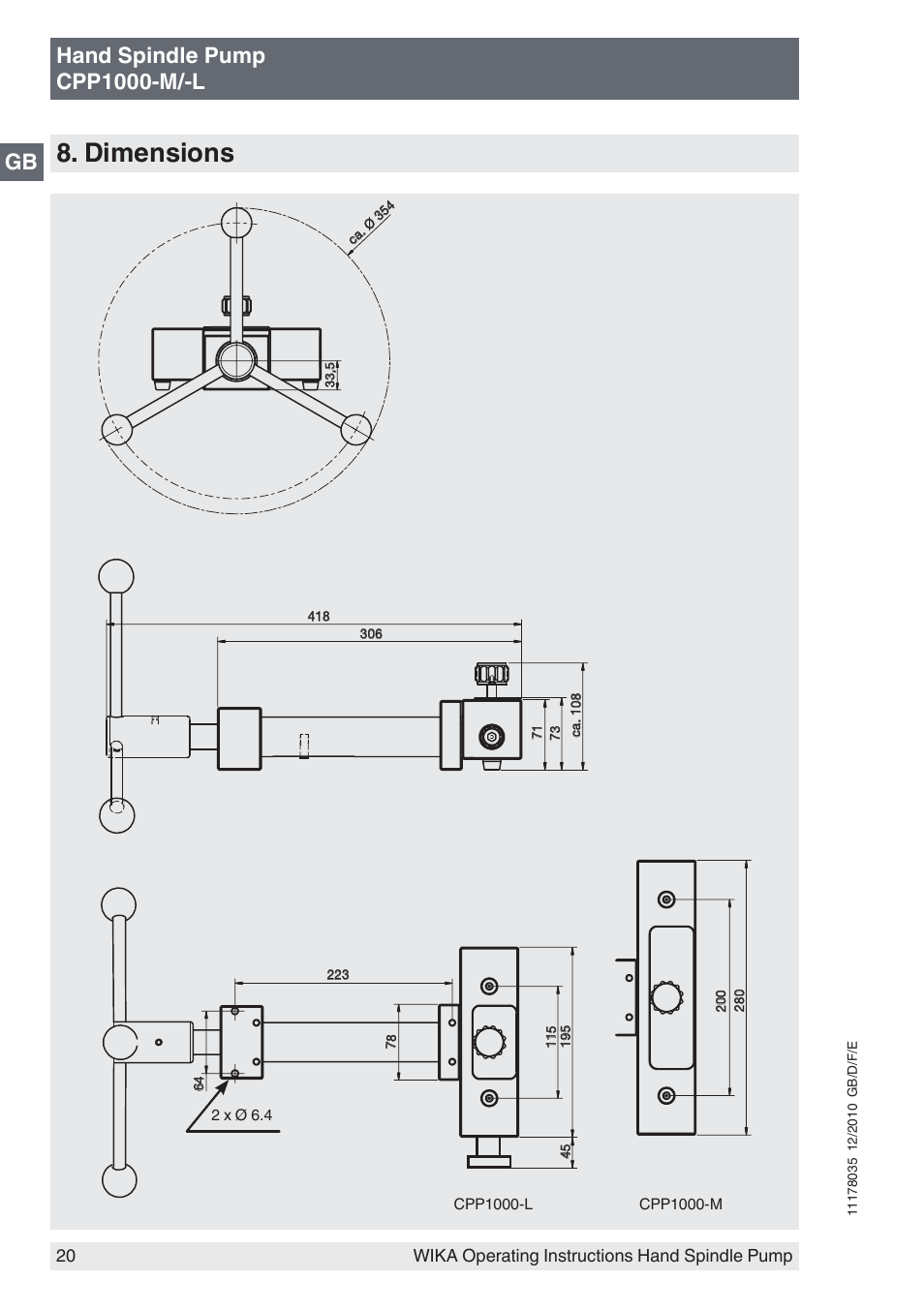 Dimensions, Hand spindle pump cpp1000-m/-l | WIKA CPP1600-X User Manual | Page 20 / 84
