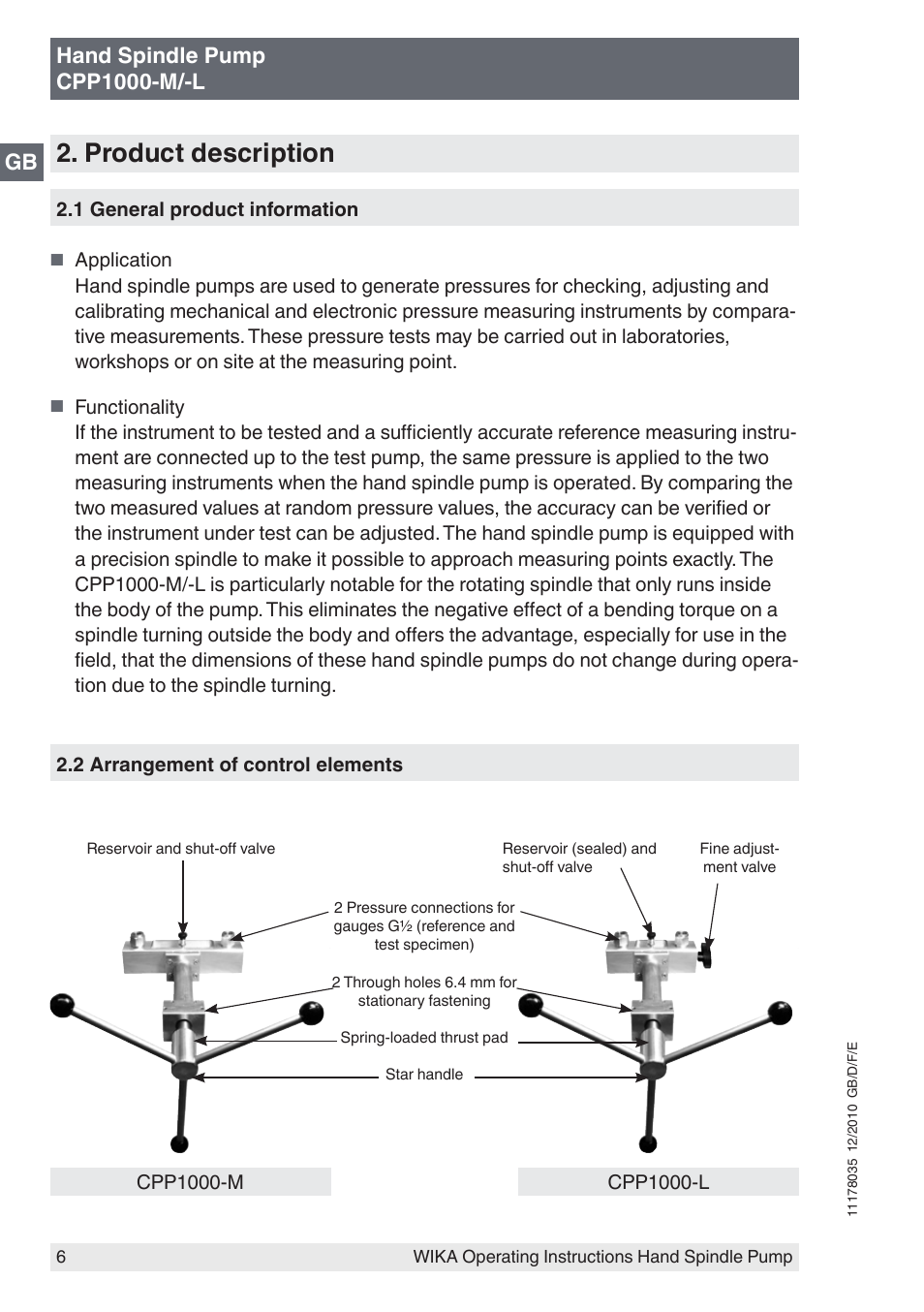 Product description, Hand spindle pump cpp1000-m/-l | WIKA CPP1600-X User Manual | Page 6 / 84