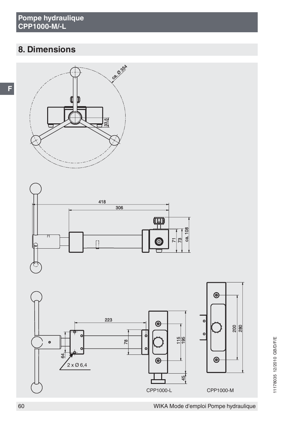 Dimensions, Fpompe hydraulique cpp1000-m/-l | WIKA CPP1600-X User Manual | Page 60 / 84