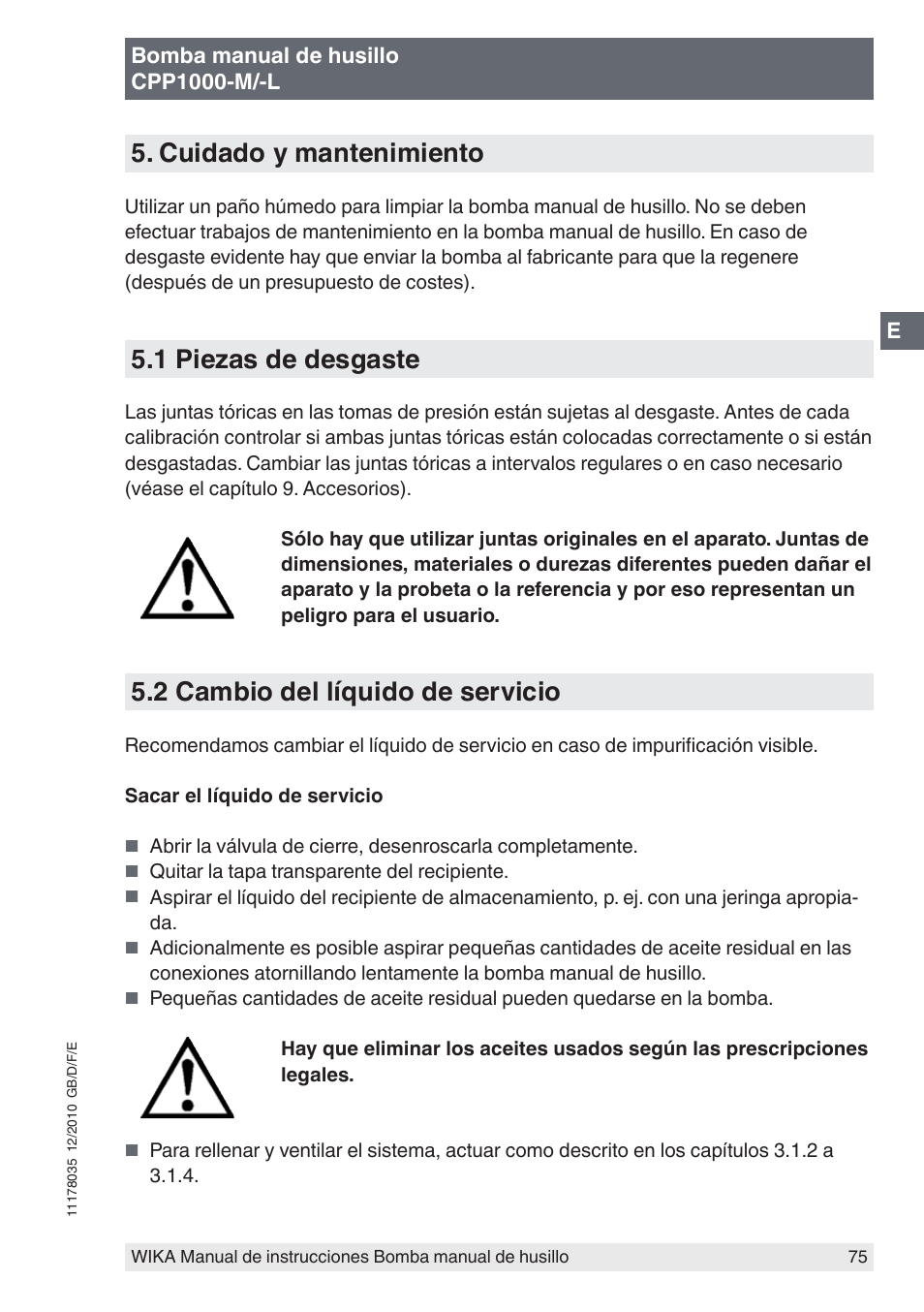 Cuidado y mantenimiento, 1 piezas de desgaste, 2 cambio del líquido de servicio | WIKA CPP1600-X User Manual | Page 75 / 84