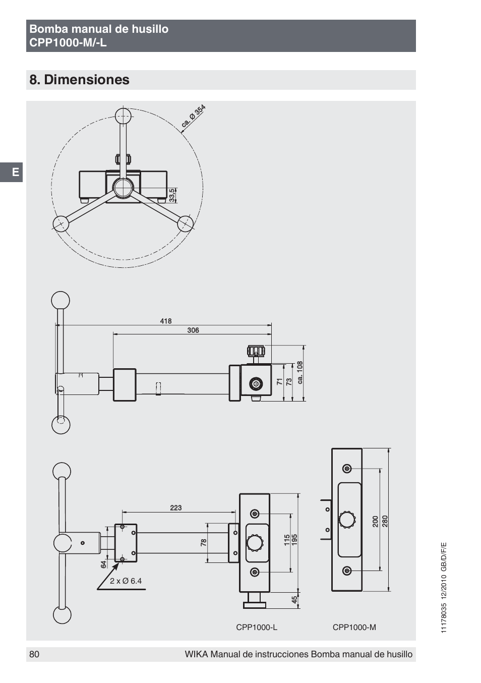 Dimensiones, Bomba manual de husillo cpp1000-m/-l | WIKA CPP1600-X User Manual | Page 80 / 84