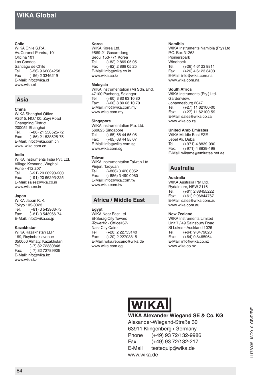 Wika global, Asia, Africa / middle east | Australia | WIKA CPP1600-X User Manual | Page 84 / 84