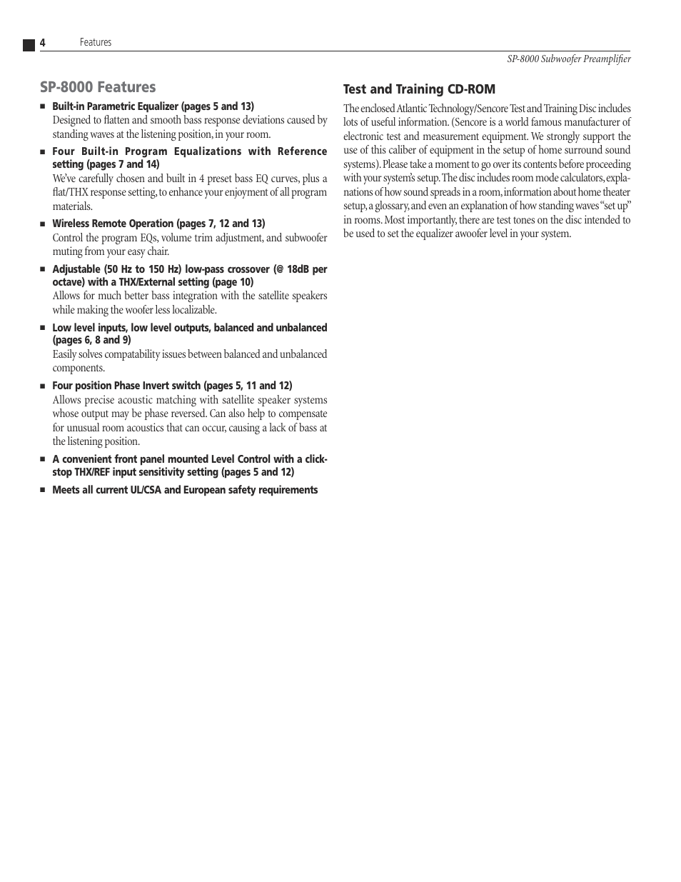 4 featur, 4 sa-6200 and sa-82, Sp-8000 features | Test and training cd-rom | Atlantic Technology SP-8000 User Manual | Page 4 / 16