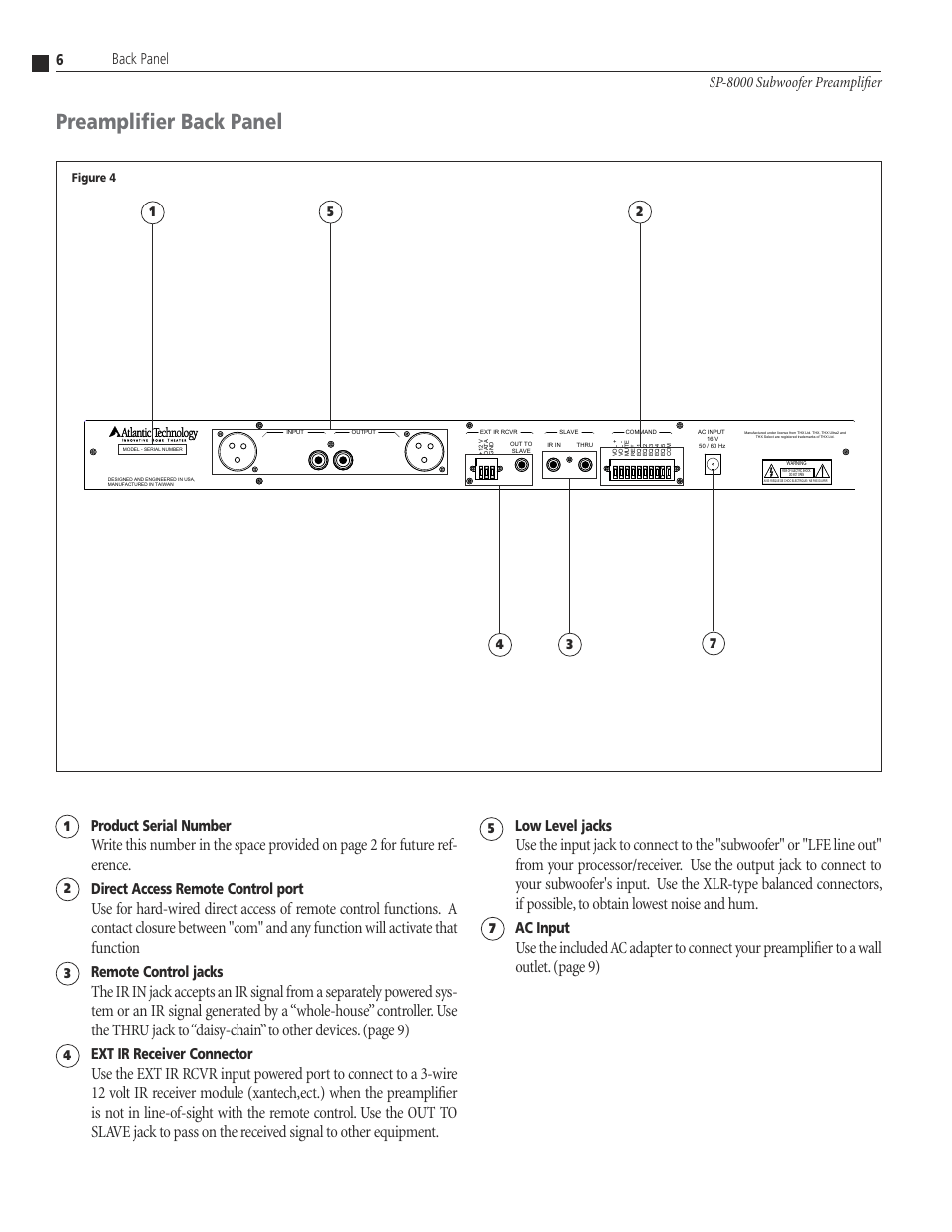 6 amplifier back pan, Premplifier back panel, Preamplifier back panel | Direct access remote control port, Remote control jacks, Ext ir receiver connector, Low level jacks, Ac input, Back panel, Figure 4 | Atlantic Technology SP-8000 User Manual | Page 6 / 16