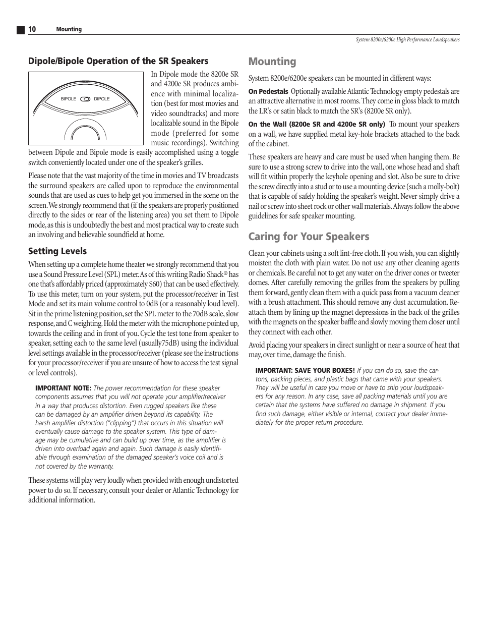 Mounting, Caring for your speakers | Atlantic Technology 8200E User Manual | Page 10 / 12