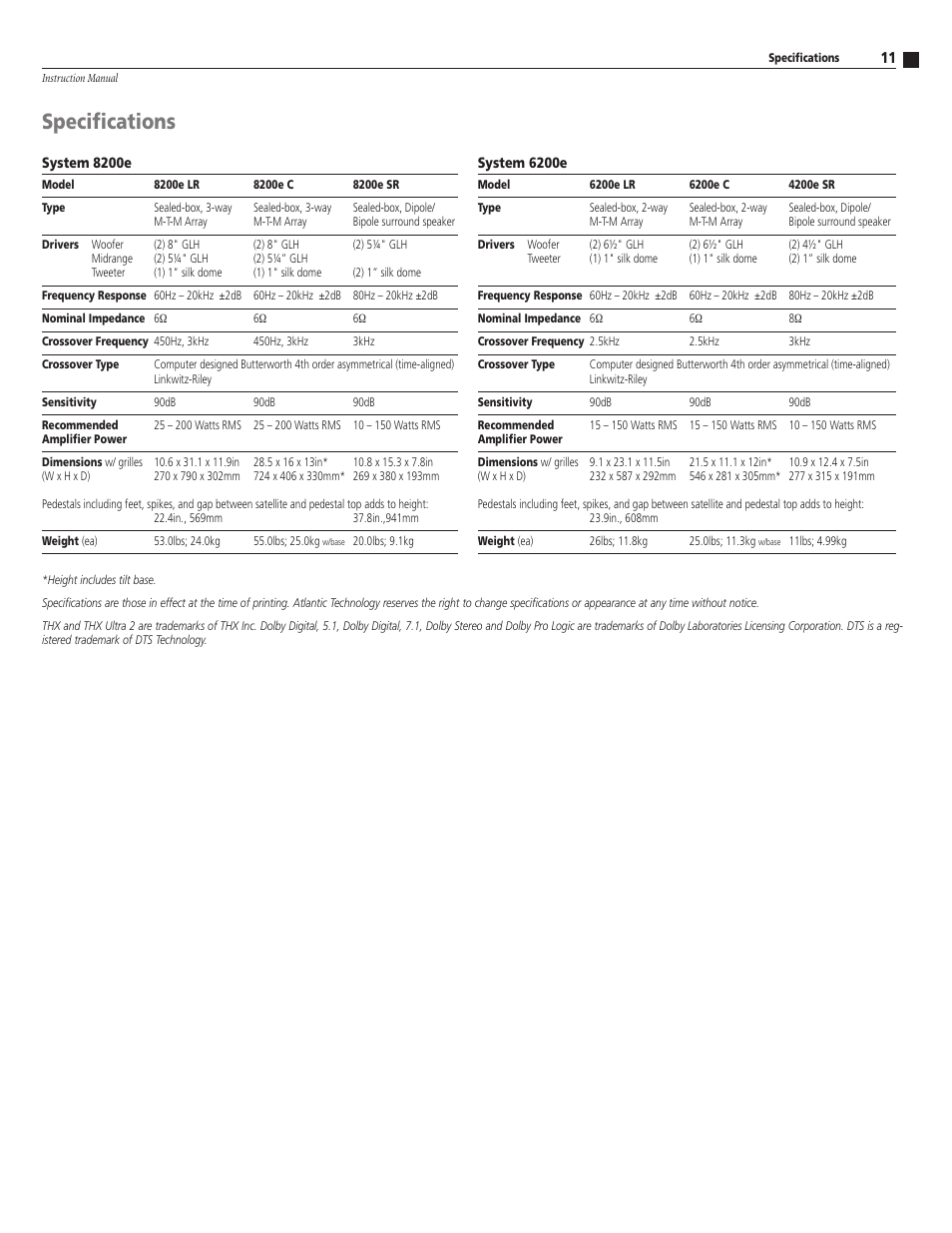 Specifications | Atlantic Technology 8200E User Manual | Page 11 / 12