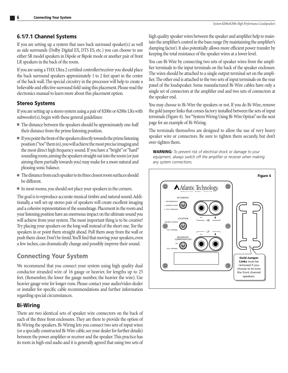 Connecting your system, 1/7.1 channel systems, Stereo systems | Bi-wiring | Atlantic Technology 8200E User Manual | Page 6 / 12