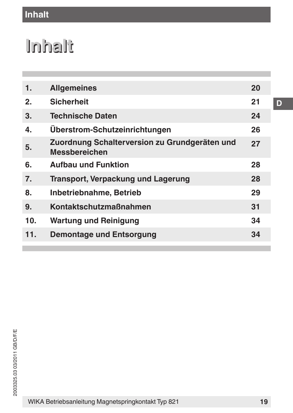 Inhalt | WIKA 851 User Manual | Page 19 / 68