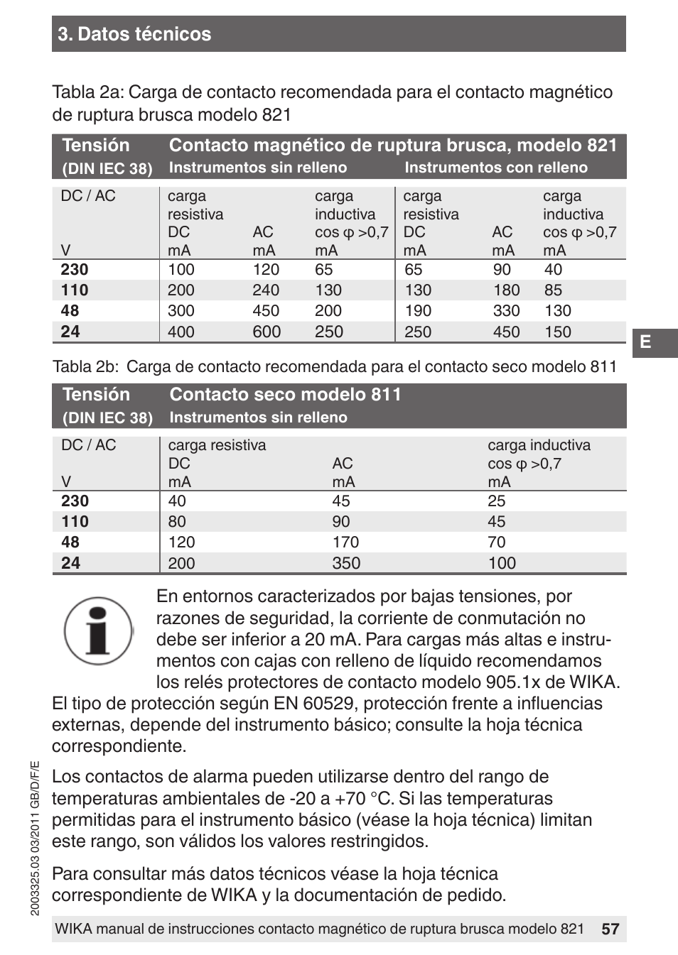 Datos técnicos | WIKA 851 User Manual | Page 57 / 68