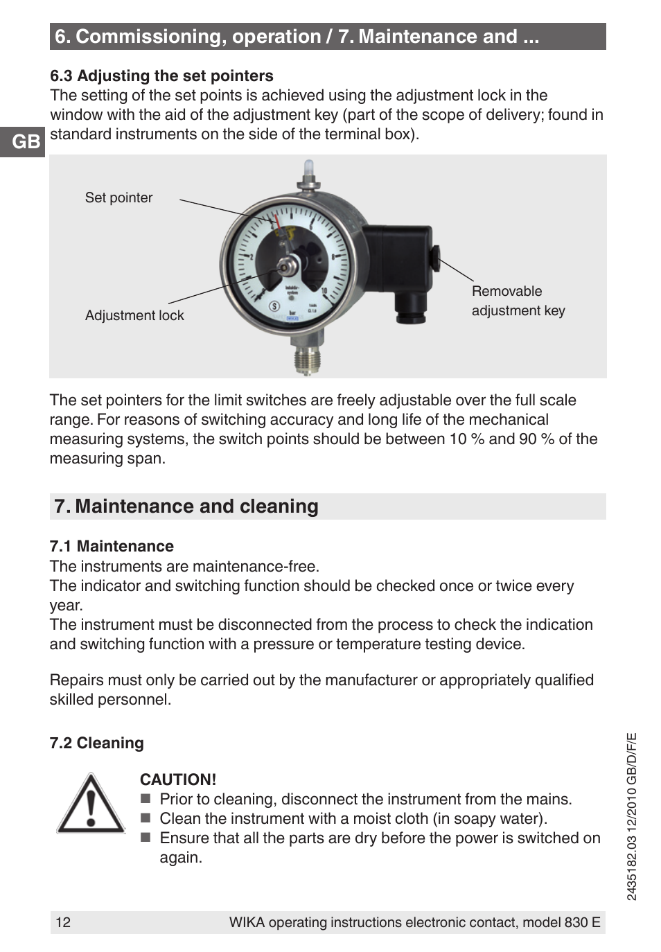 Commissioning, operation / 7. maintenance and, Maintenance and cleaning | WIKA 851 User Manual | Page 12 / 52