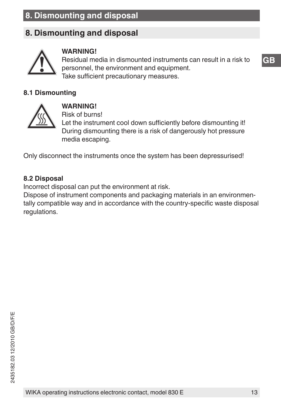 Dismounting and disposal | WIKA 851 User Manual | Page 13 / 52