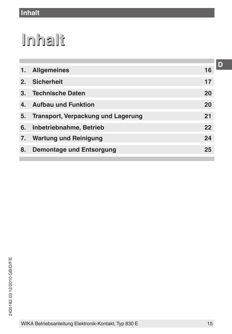 Inhalt | WIKA 851 User Manual | Page 15 / 52