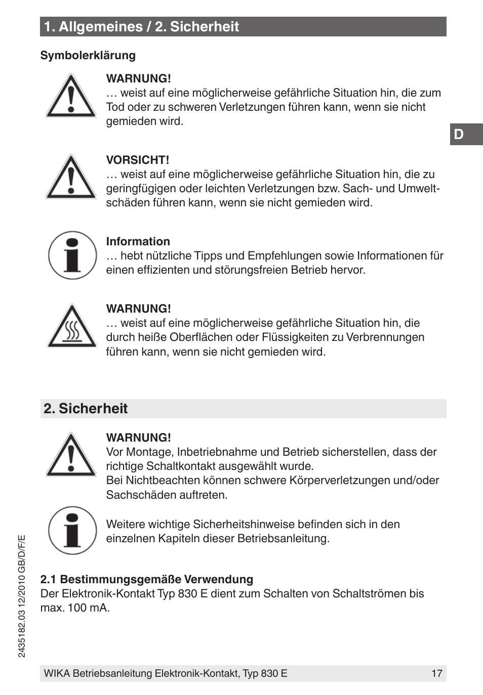 Sicherheit, Allgemeines / 2. sicherheit | WIKA 851 User Manual | Page 17 / 52