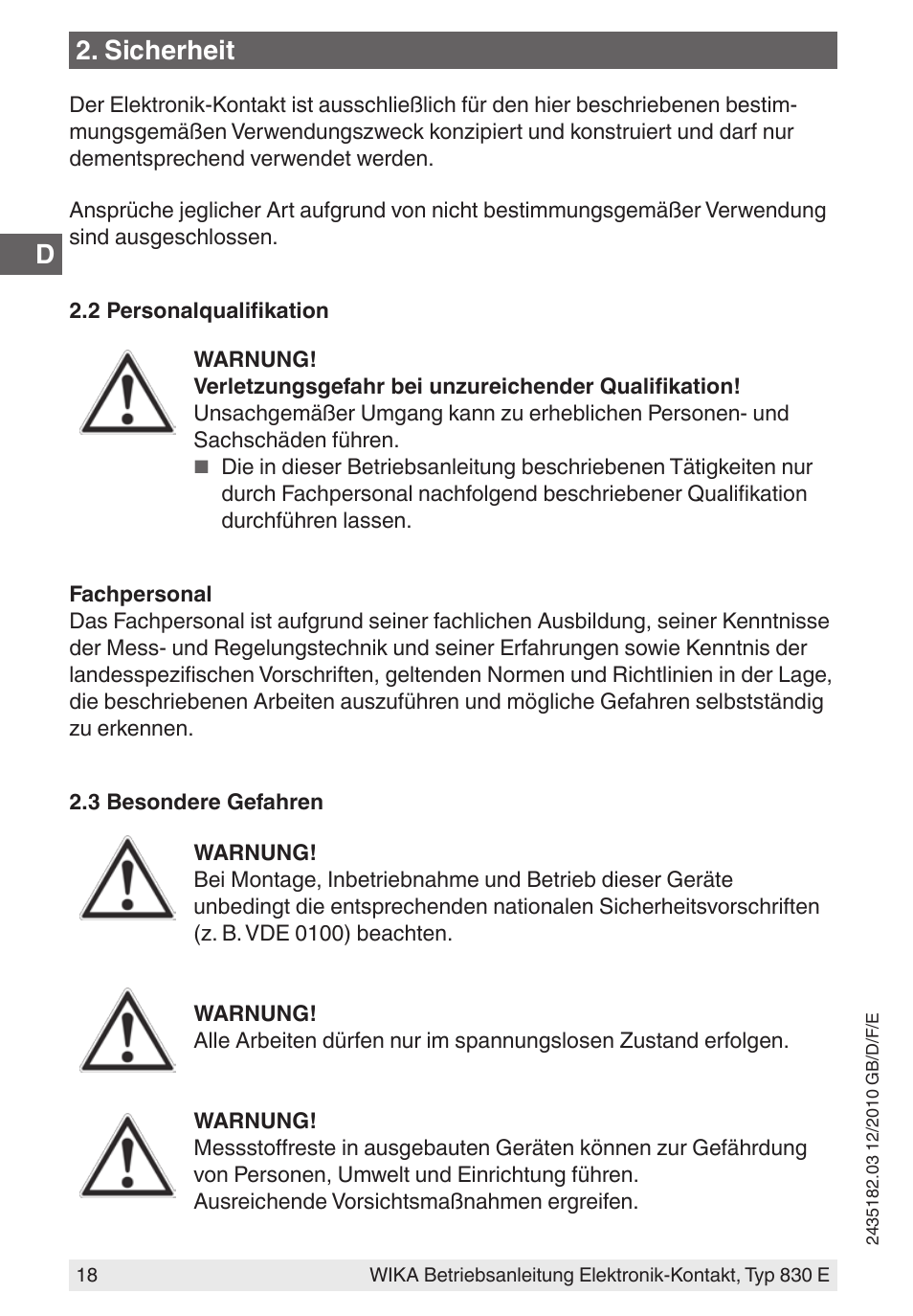 Sicherheit | WIKA 851 User Manual | Page 18 / 52