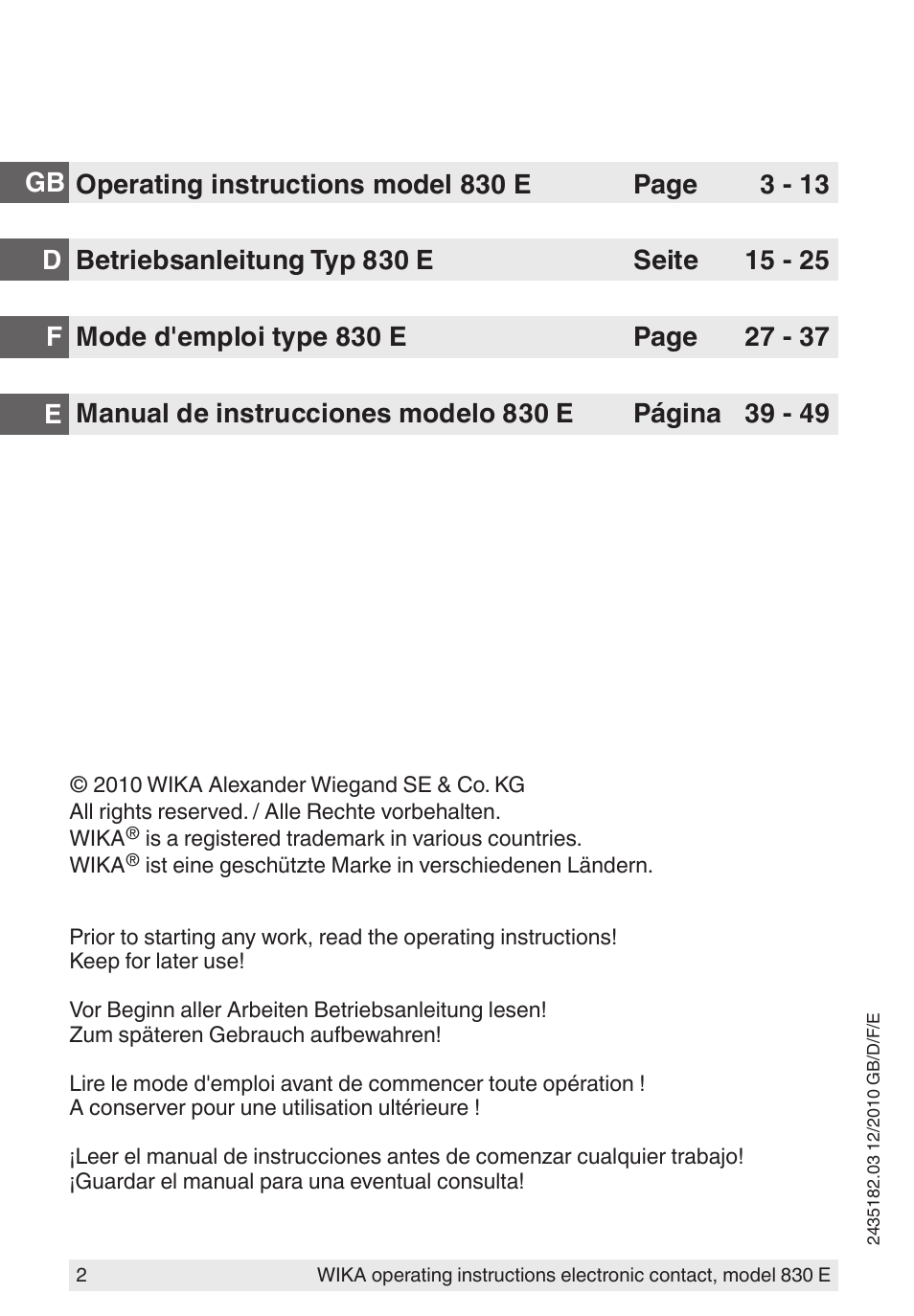 Gb d f e | WIKA 851 User Manual | Page 2 / 52