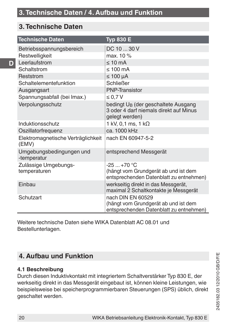 Technische daten, Aufbau und funktion, Technische daten / 4. aufbau und funktion | WIKA 851 User Manual | Page 20 / 52
