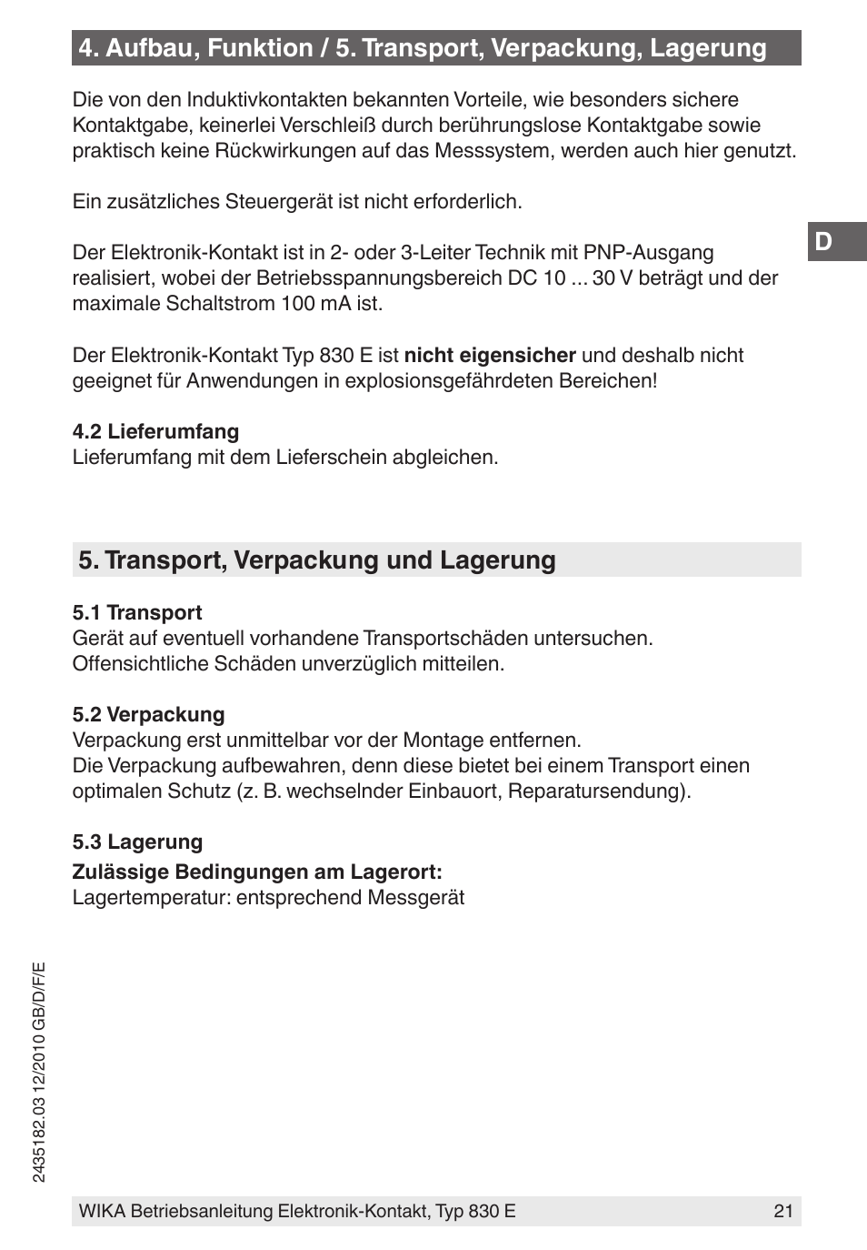 Transport, verpackung und lagerung | WIKA 851 User Manual | Page 21 / 52