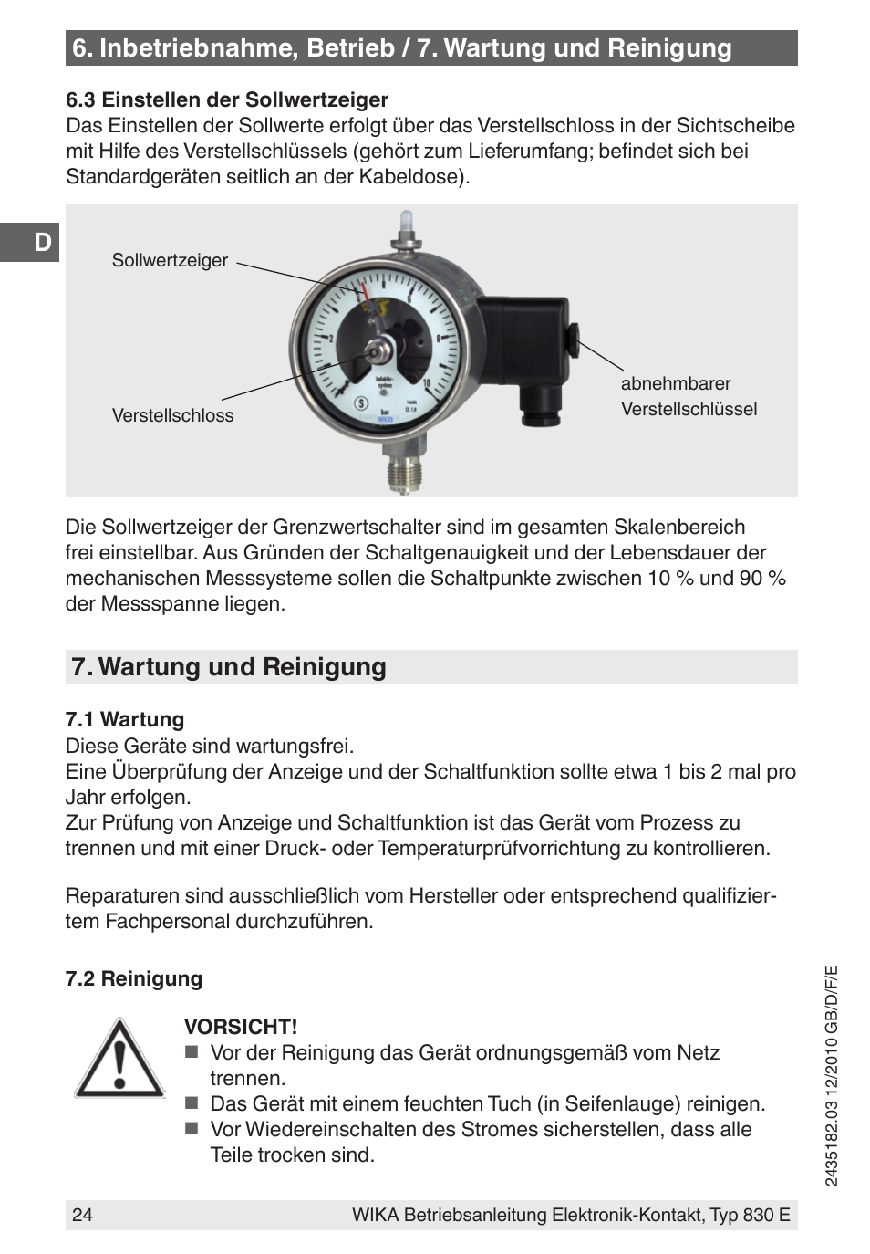 Inbetriebnahme, betrieb / 7. wartung und reinigung, Wartung und reinigung | WIKA 851 User Manual | Page 24 / 52
