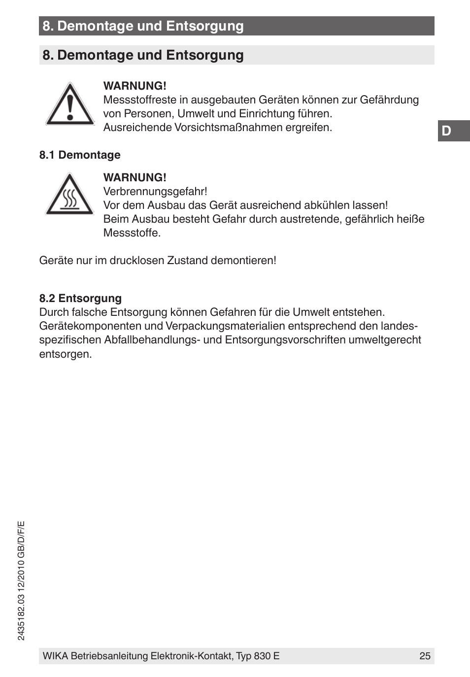 Demontage und entsorgung | WIKA 851 User Manual | Page 25 / 52