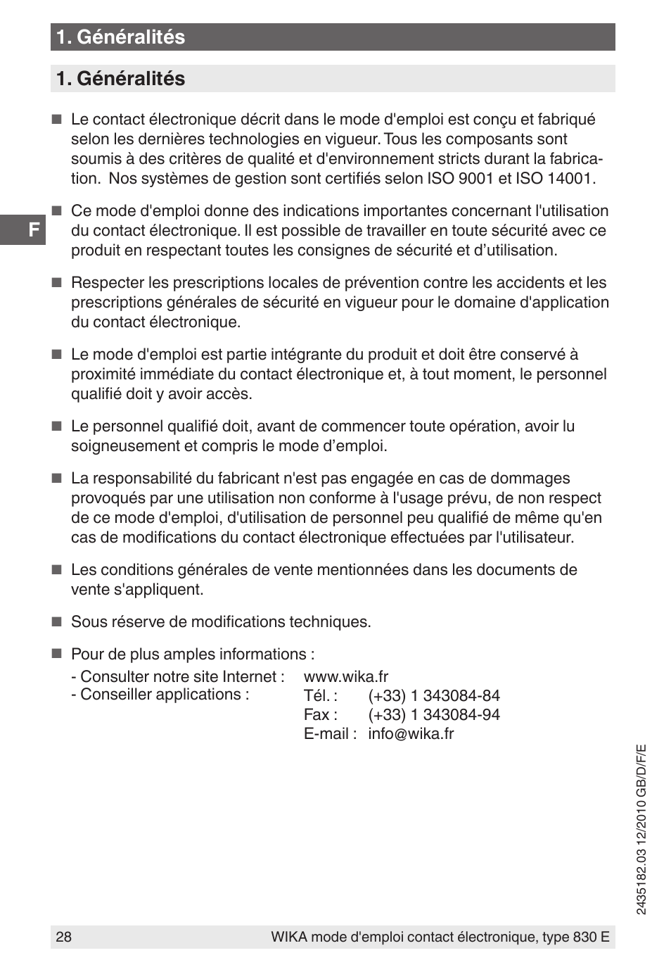Généralités | WIKA 851 User Manual | Page 28 / 52