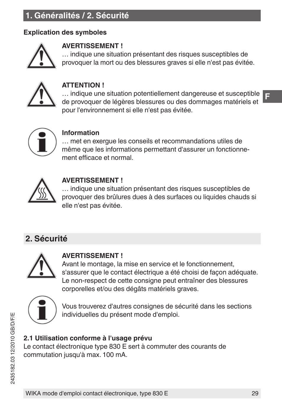 Sécurité, Généralités / 2. sécurité | WIKA 851 User Manual | Page 29 / 52
