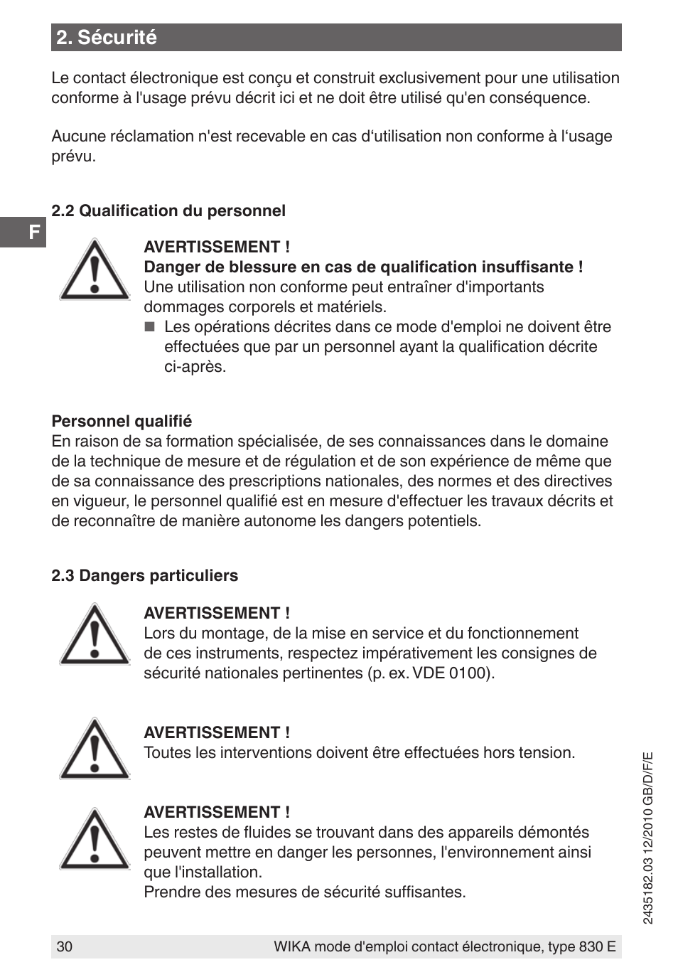 Sécurité | WIKA 851 User Manual | Page 30 / 52