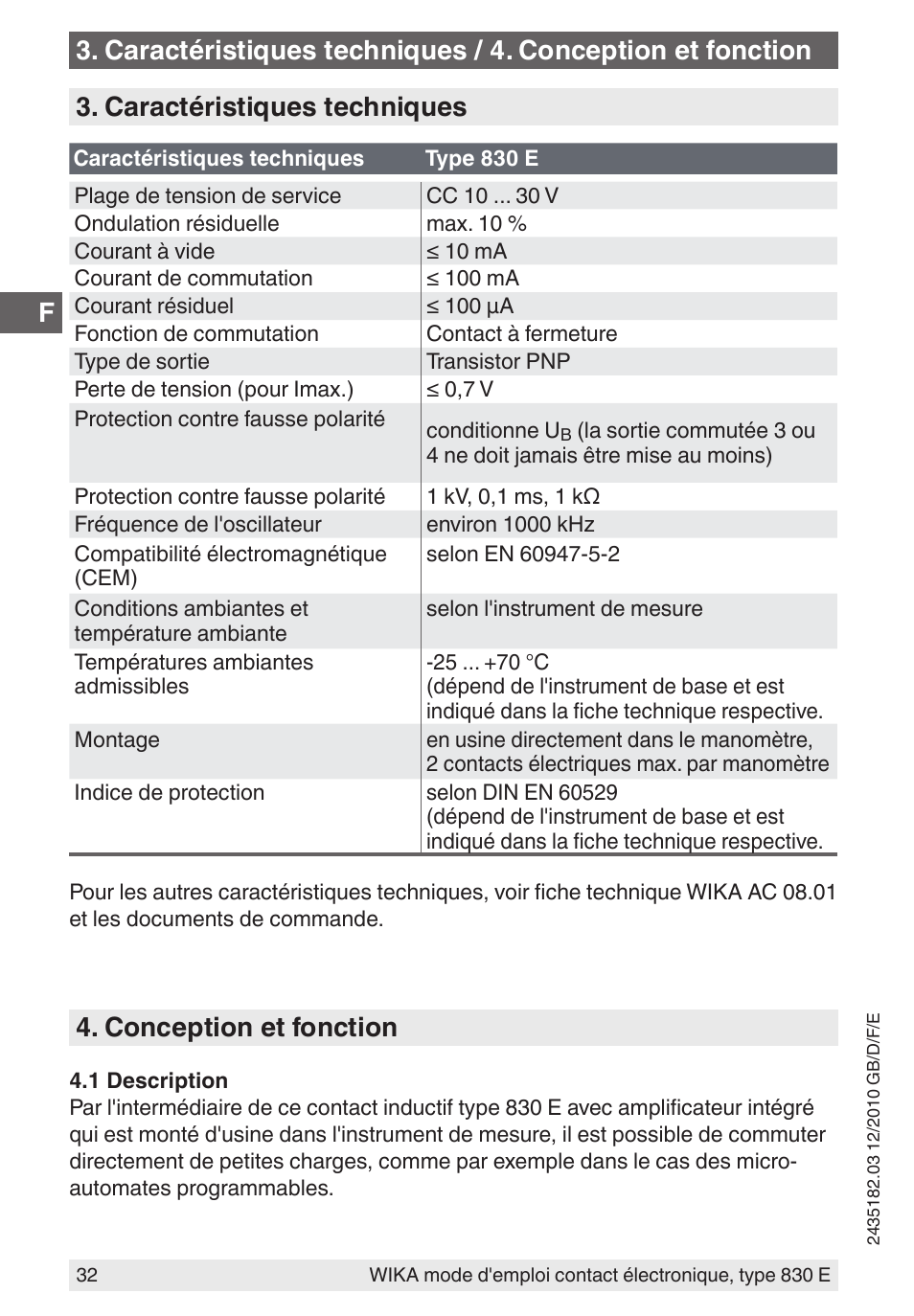 Caractéristiques techniques, Conception et fonction | WIKA 851 User Manual | Page 32 / 52