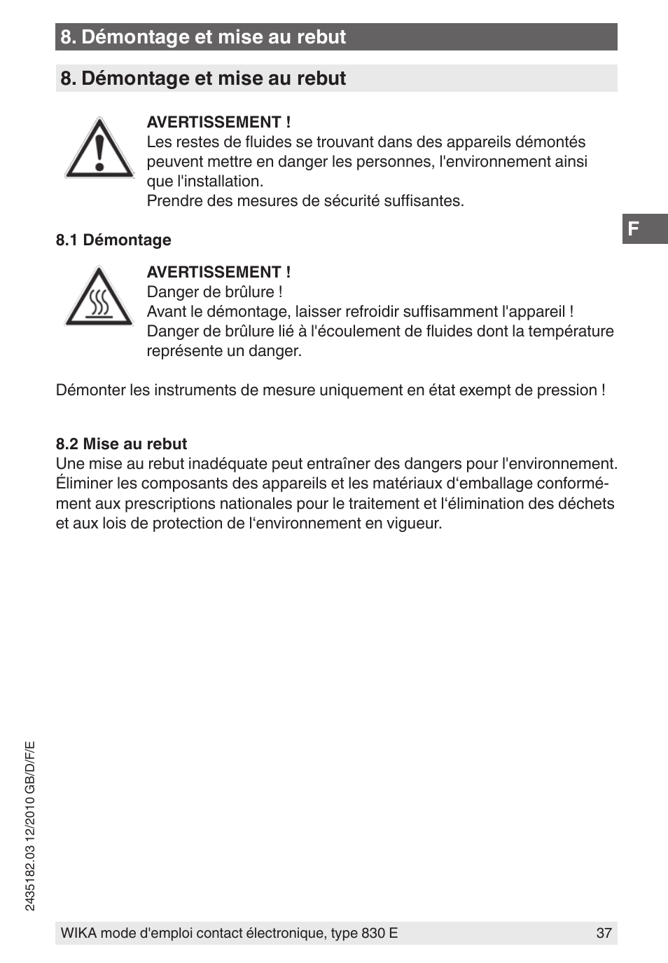 Démontage et mise au rebut | WIKA 851 User Manual | Page 37 / 52