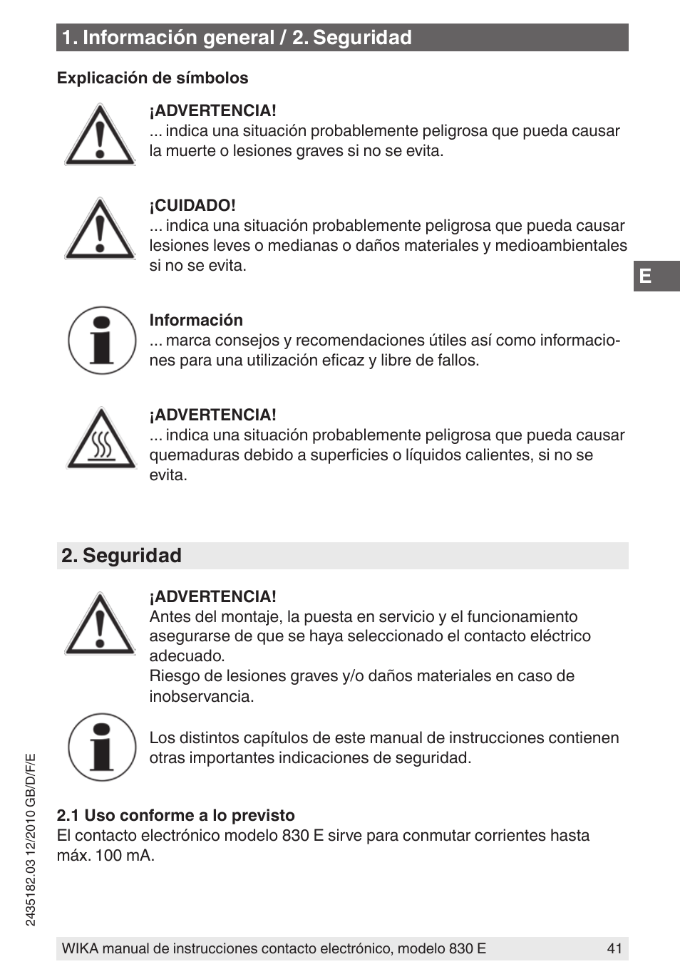 Seguridad, Información general / 2. seguridad | WIKA 851 User Manual | Page 41 / 52